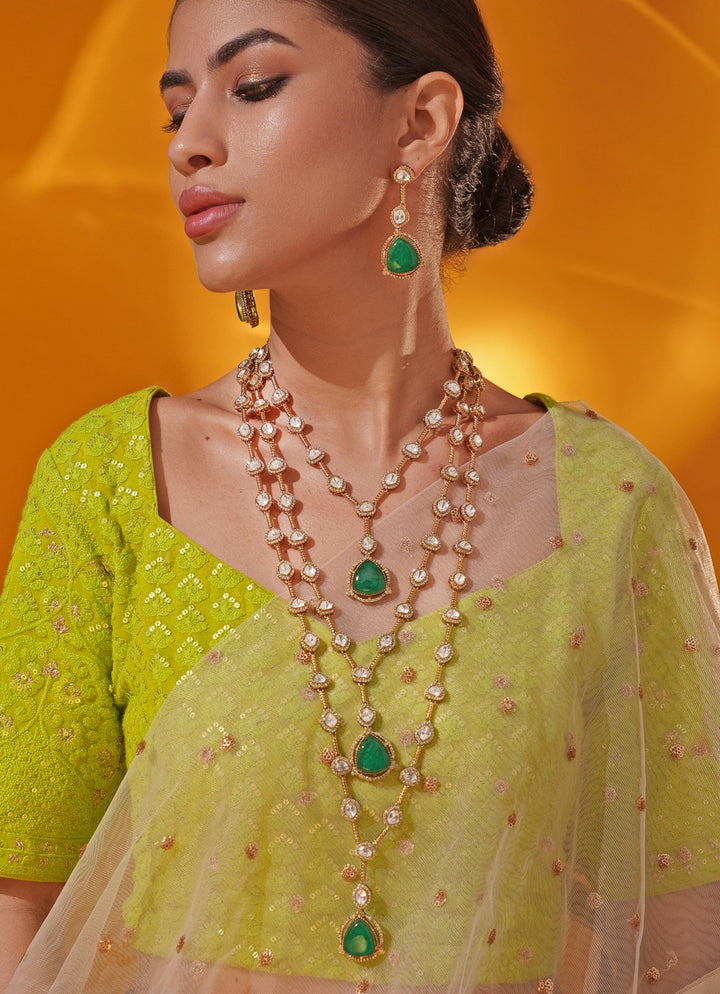 Green Polki 4 Layered Two Tone Long Necklace Set