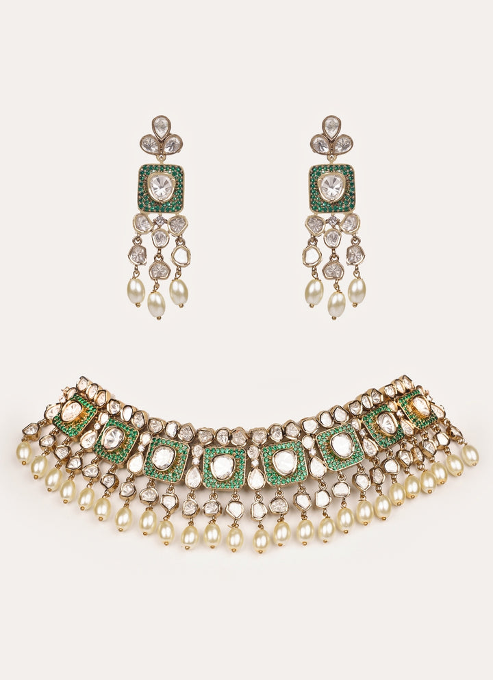 Green Polki Two Tone Necklace Set
