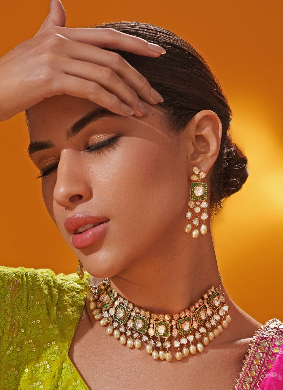 Green Polki Two Tone Necklace Set