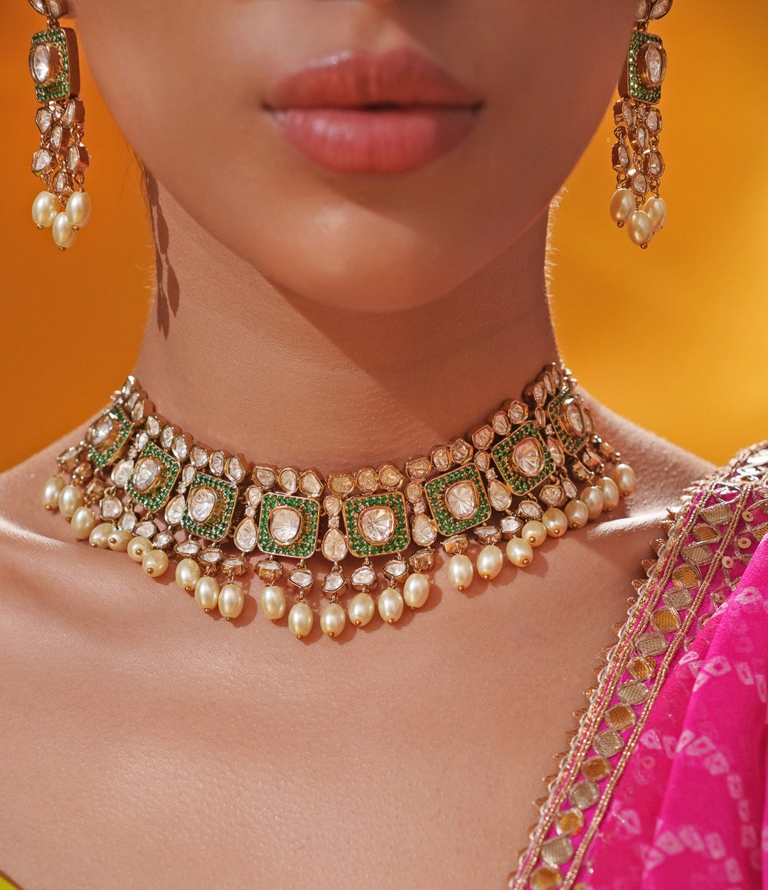 Green Polki Two Tone Necklace Set