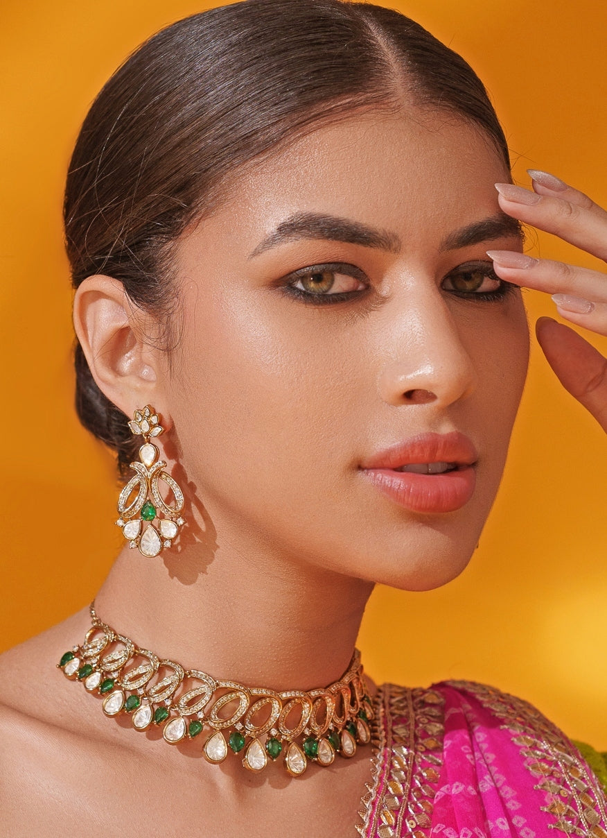 Green Polki Two Tone Necklace Set