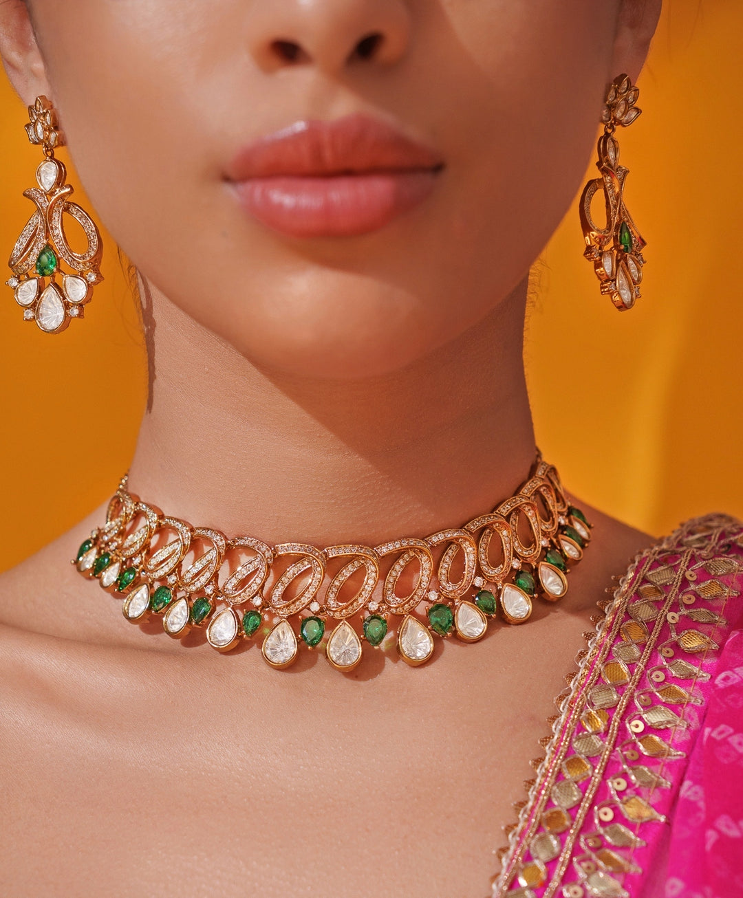 Green Polki Two Tone Necklace Set