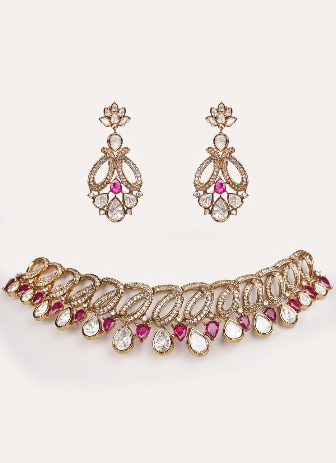 Red Polki Two Tone Necklace Set