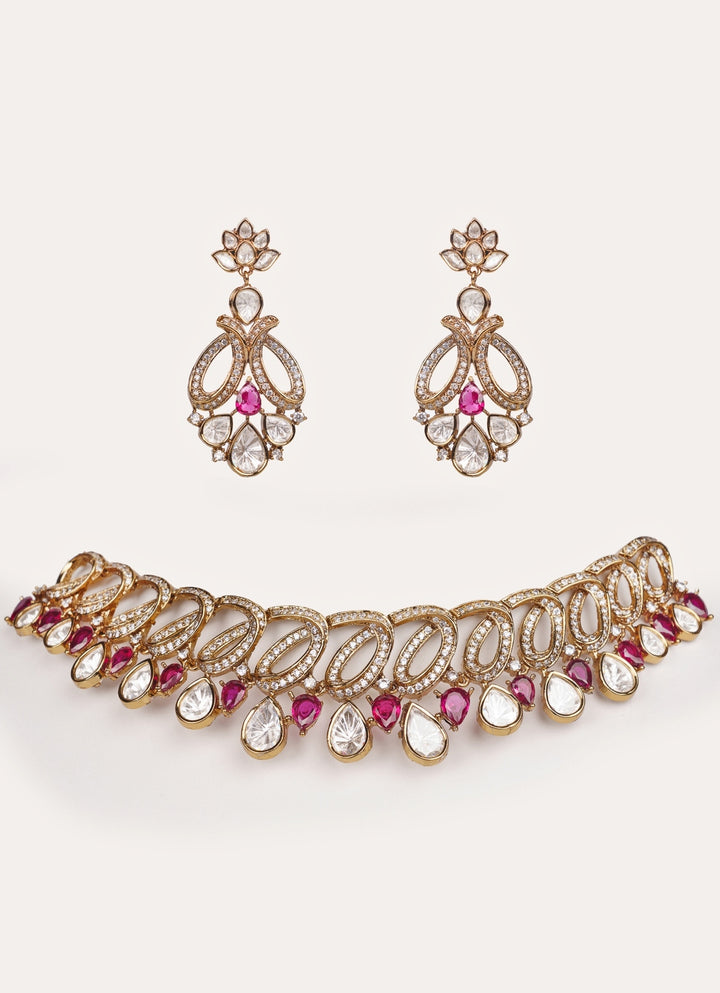 Red Polki Two Tone Necklace Set