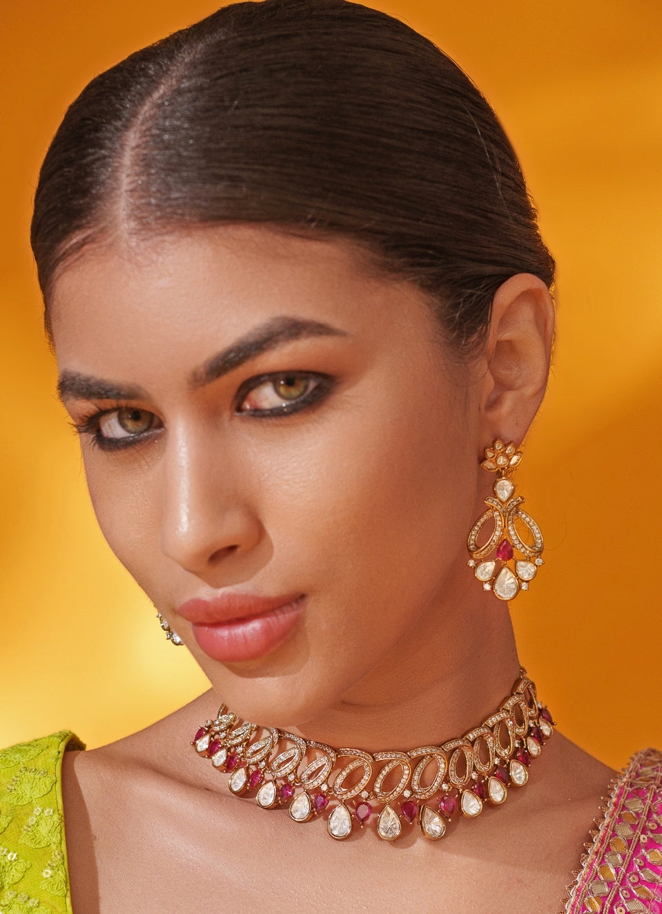 Red Polki Two Tone Necklace Set