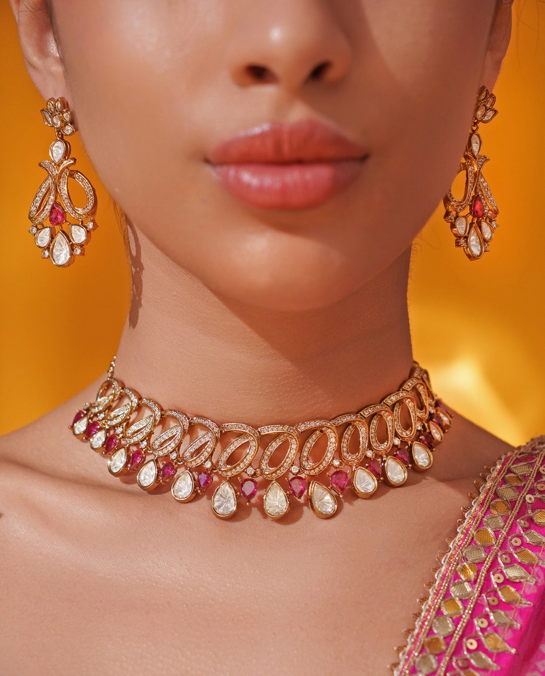 Red Polki Two Tone Necklace Set