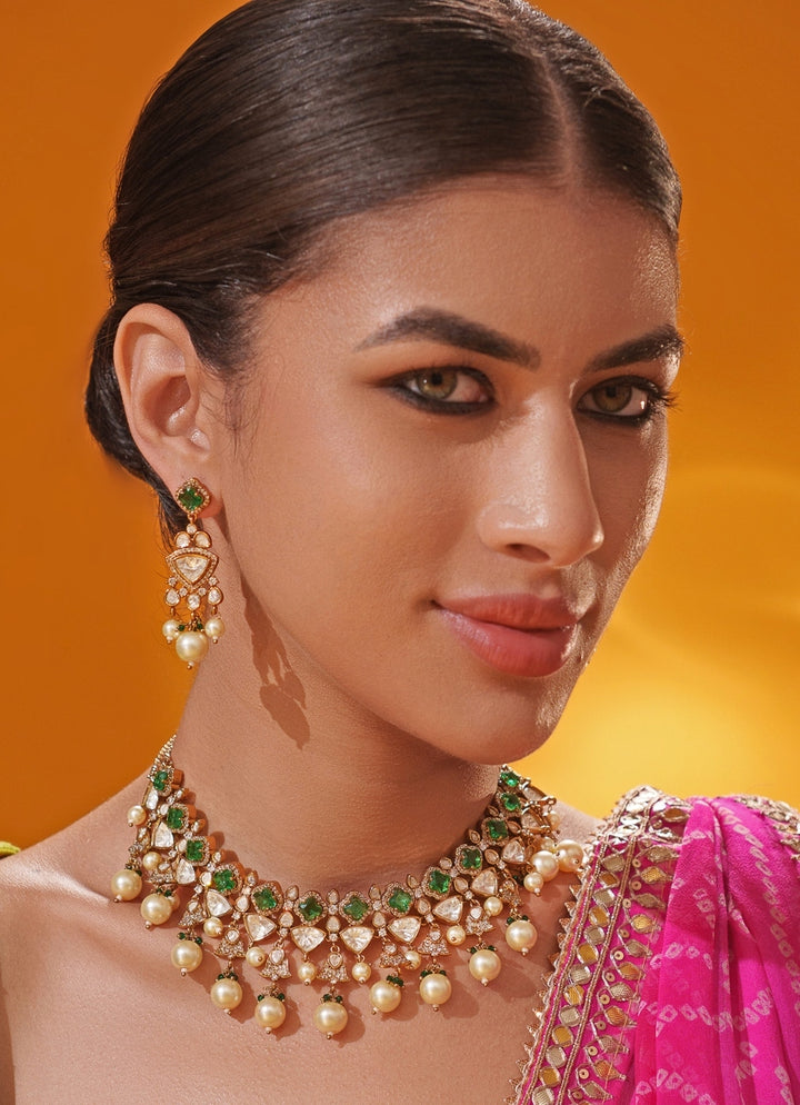 Green Polki Two Tone Necklace Set