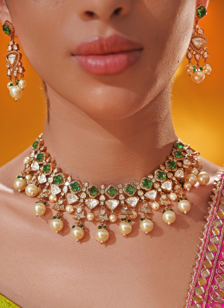Green Polki Two Tone Necklace Set