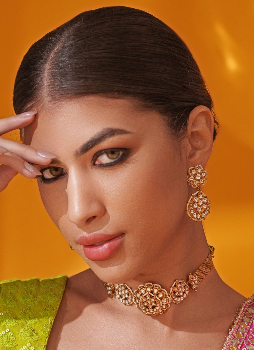 Polki Temple Motif Gold Choker Set