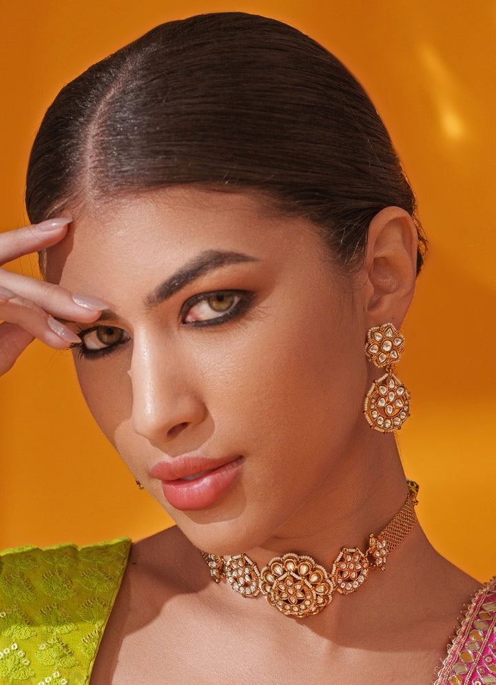 Polki Temple Motif Gold Choker Set