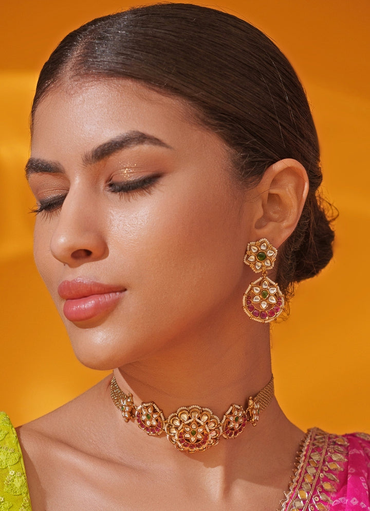 Pink Polki Temple Motifs Gold Choker Set