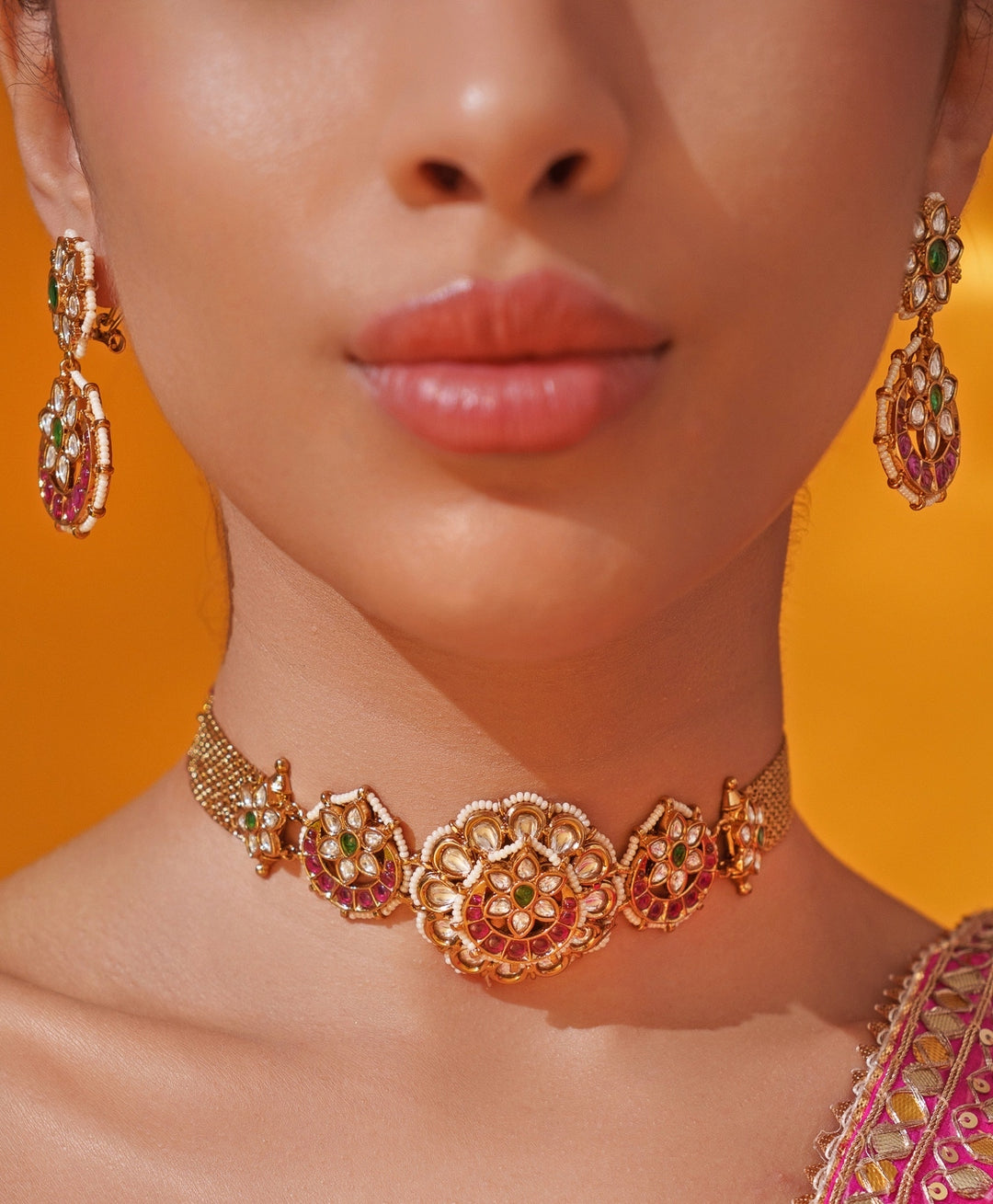 Pink Polki Temple Motifs Gold Choker Set