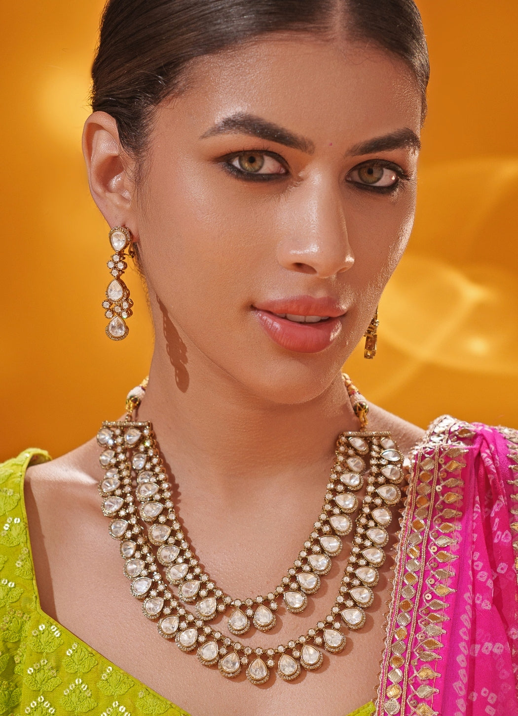 Polki Two Tone Long Necklace Set