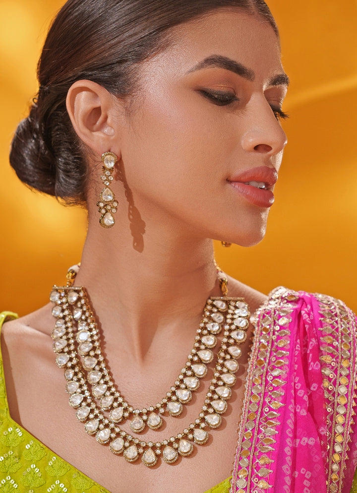 Polki Two Tone Long Necklace Set