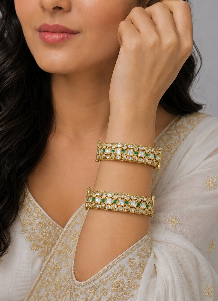 Green Stone And Polki Bangle Set