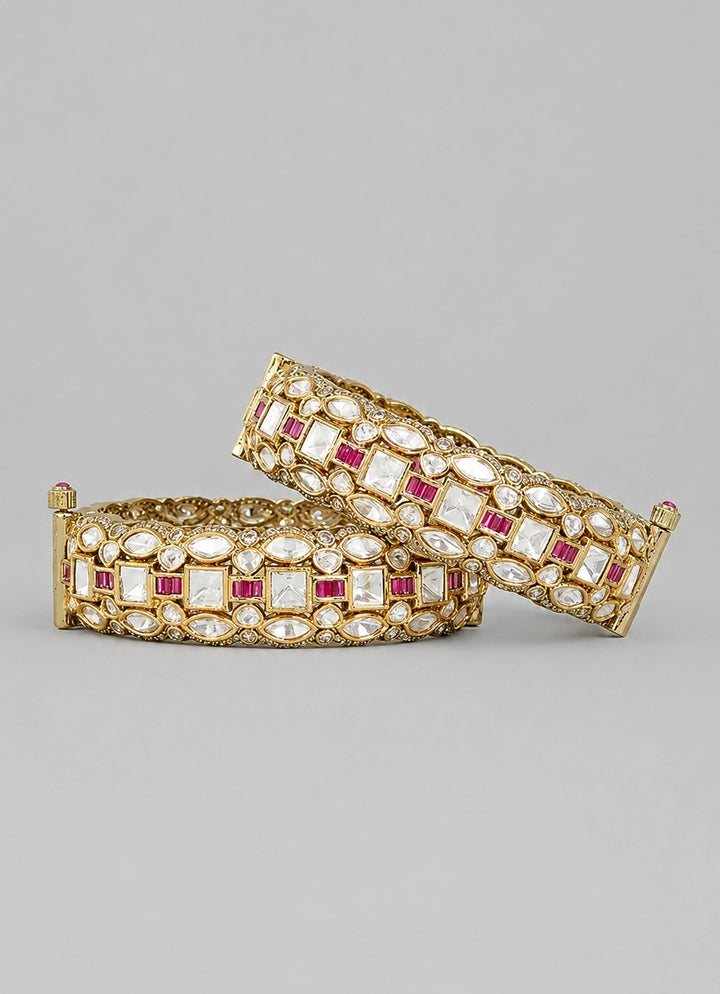 Red Stone And Polki Bangle Set