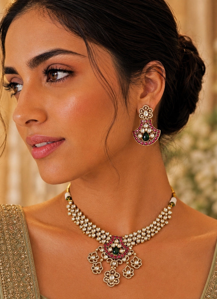 Gold Kundan Necklace Set With Multicolor Stones