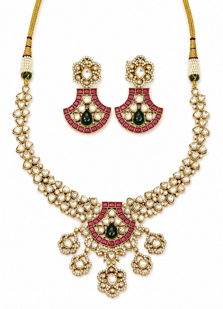 Gold Kundan Necklace Set With Multicolor Stones