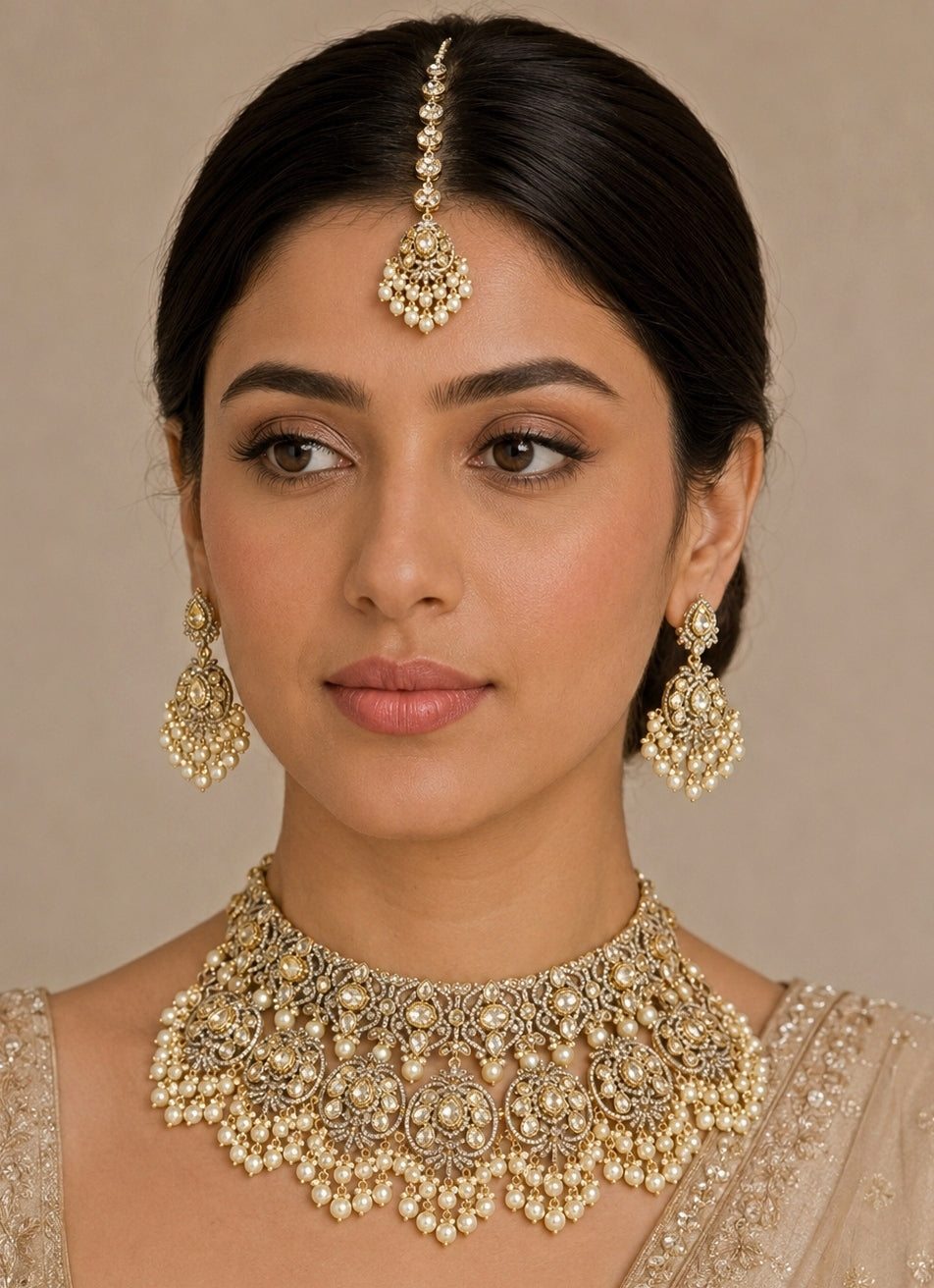Dual Tone Polki And Pearl Bridal Necklace Set