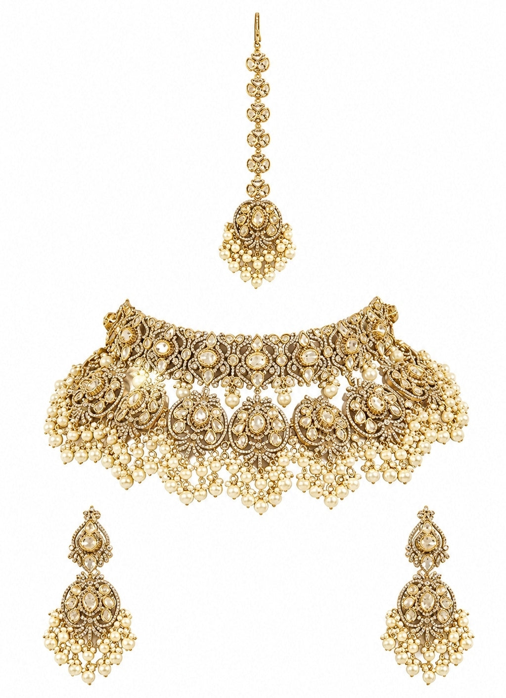 Dual Tone Polki And Pearl Bridal Necklace Set