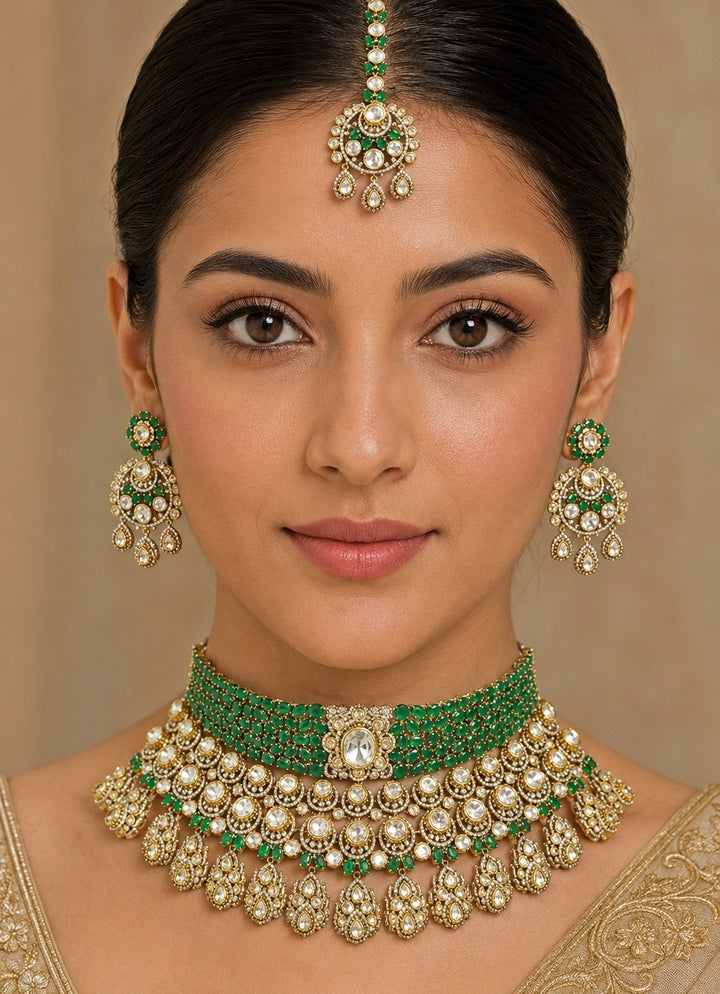 Emerald Polki And Kundan Bridal Necklace Set