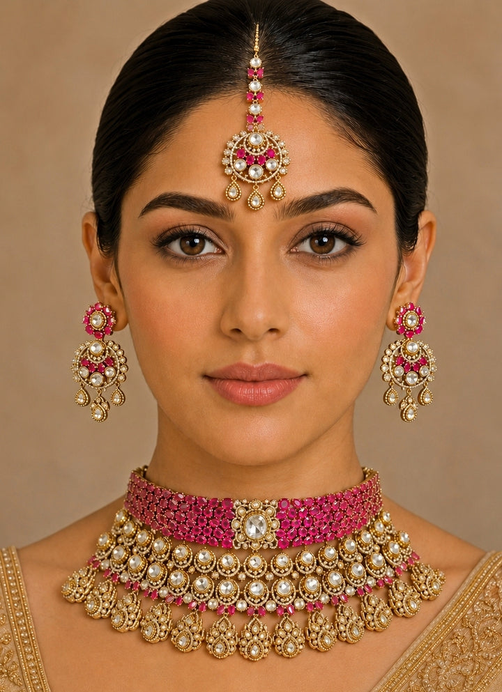 Pink Polki Bridal Necklace Set