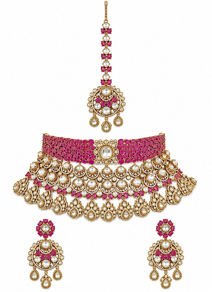 Pink Polki Bridal Necklace Set