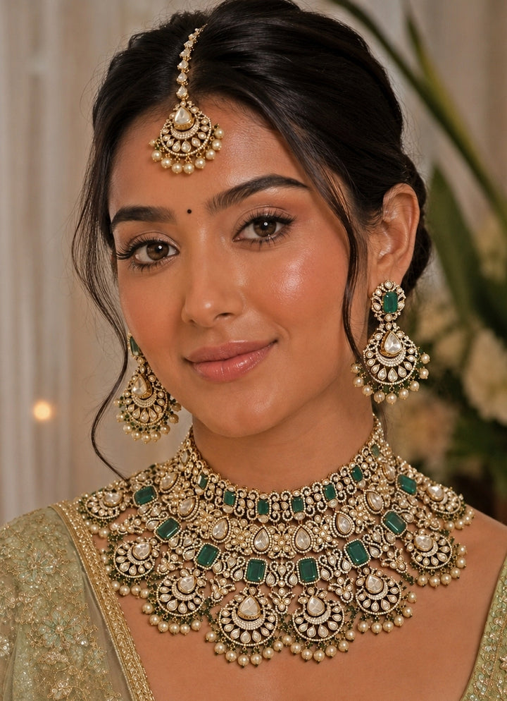 Emerald Layered Polki Bridal Necklace Set
