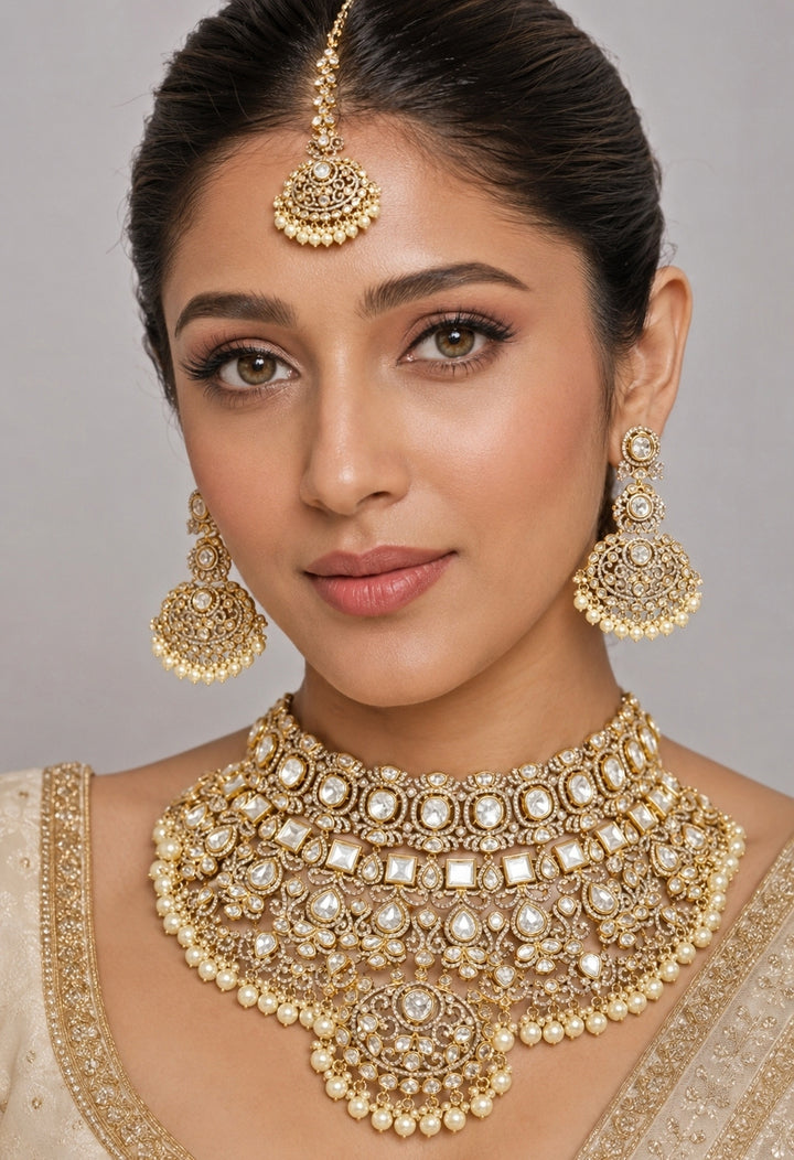 Dual Tone Pearl And Polki Bridal Necklace Set