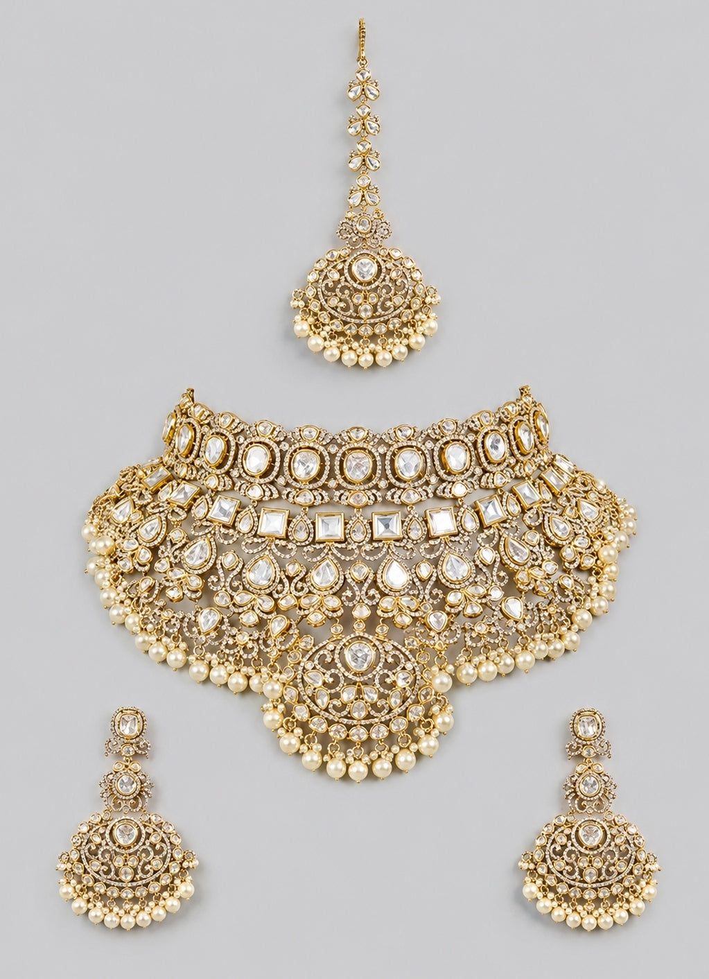 Dual Tone Pearl And Polki Bridal Necklace Set