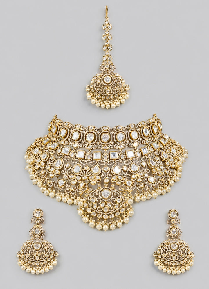 Dual Tone Pearl And Polki Bridal Necklace Set