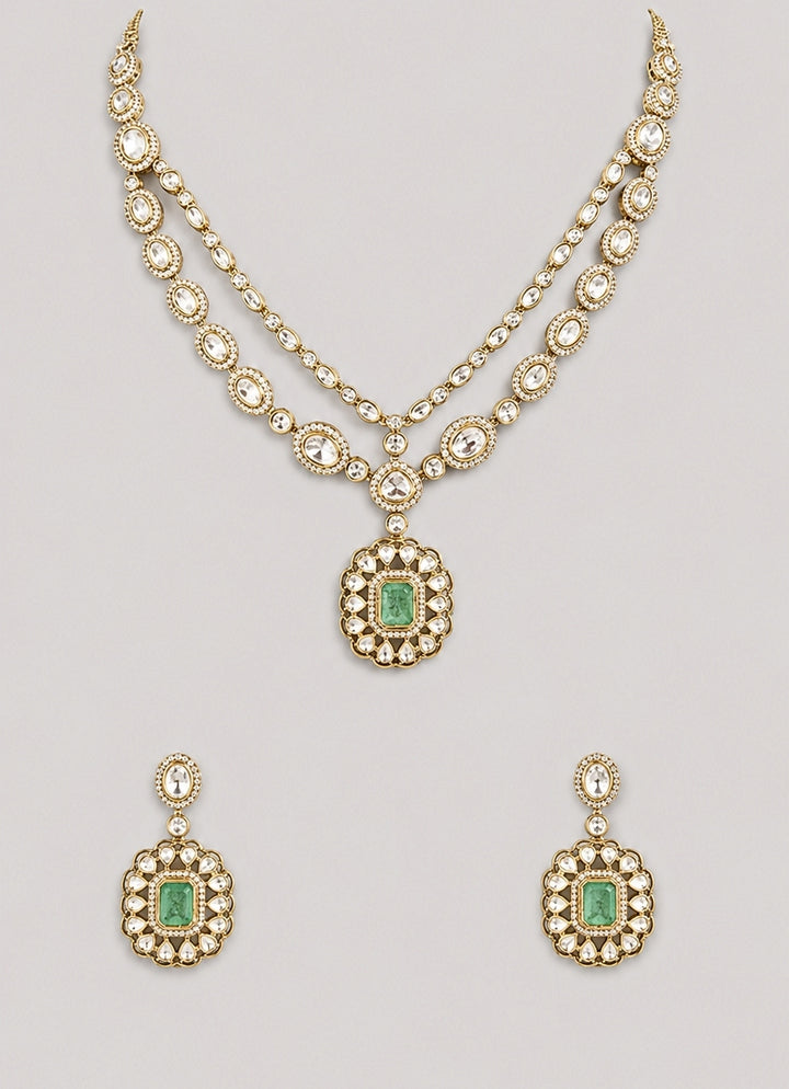 Green Stone Polki Pendant Necklace Set