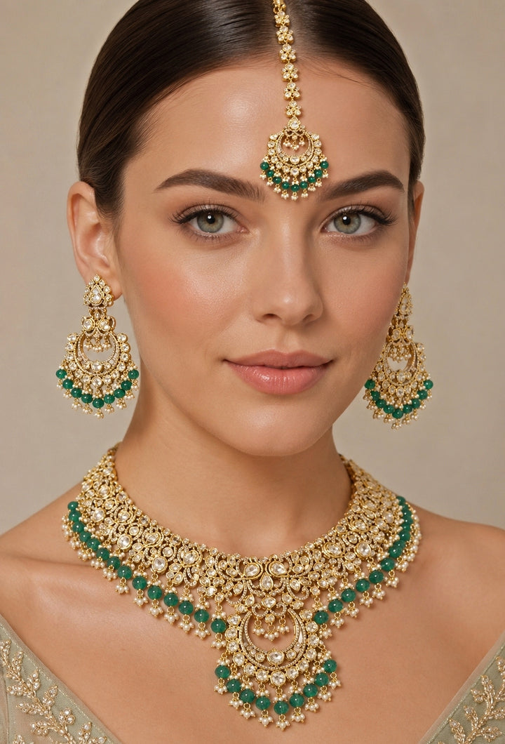 Green Polki And Pearl Bridal Necklace Set