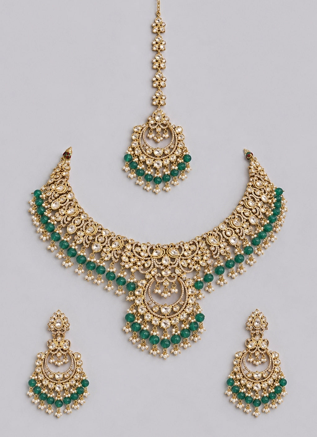 Green Polki And Pearl Bridal Necklace Set