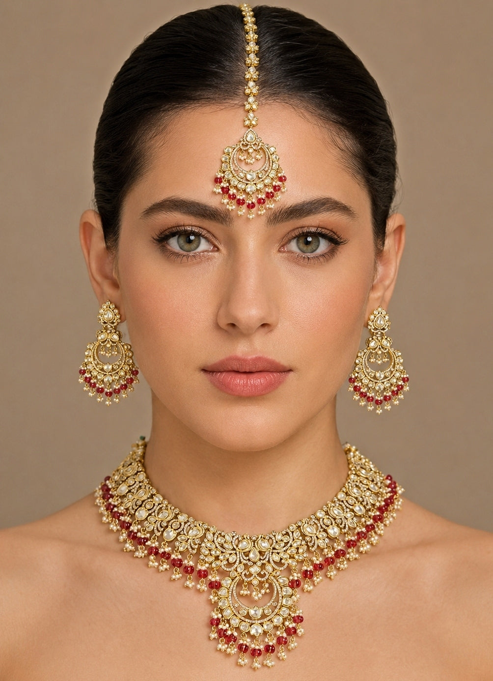 Red Polki And Pearl Necklace Set