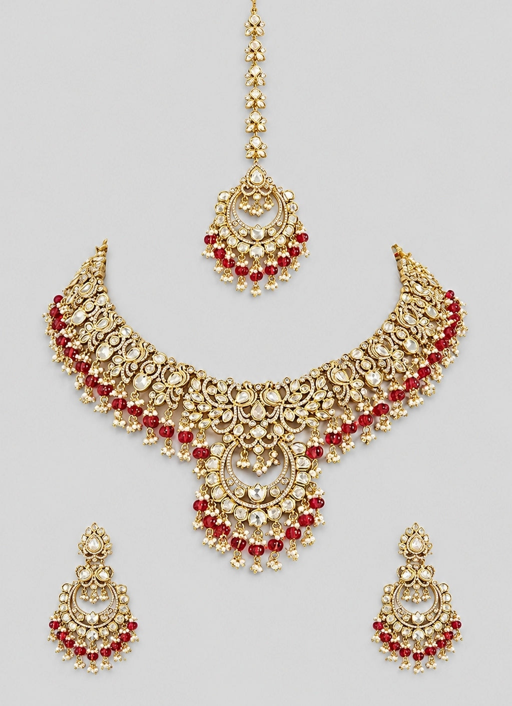 Red Polki And Pearl Necklace Set