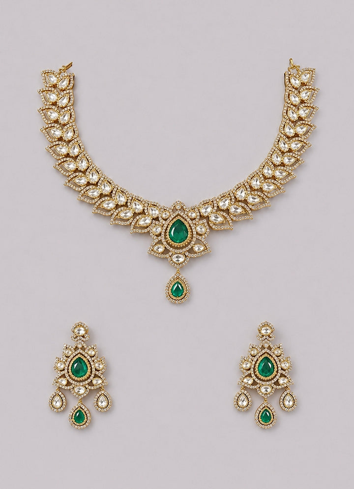 Dual Tone Green Polki Necklace Set