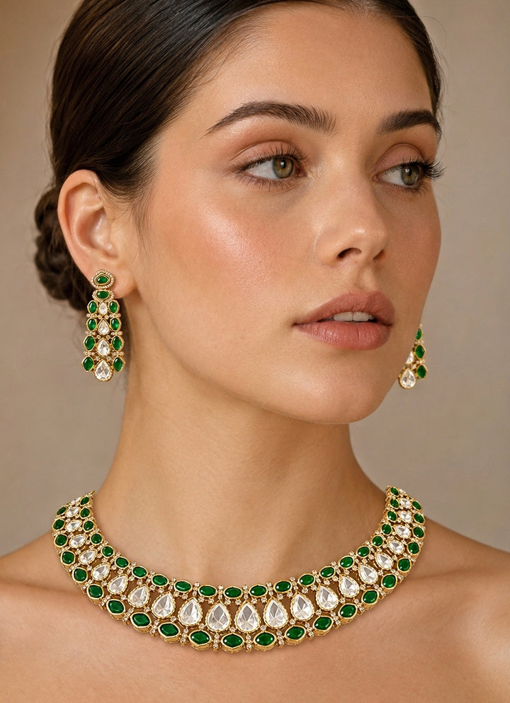 Green Dual Tone Polki Necklace Set