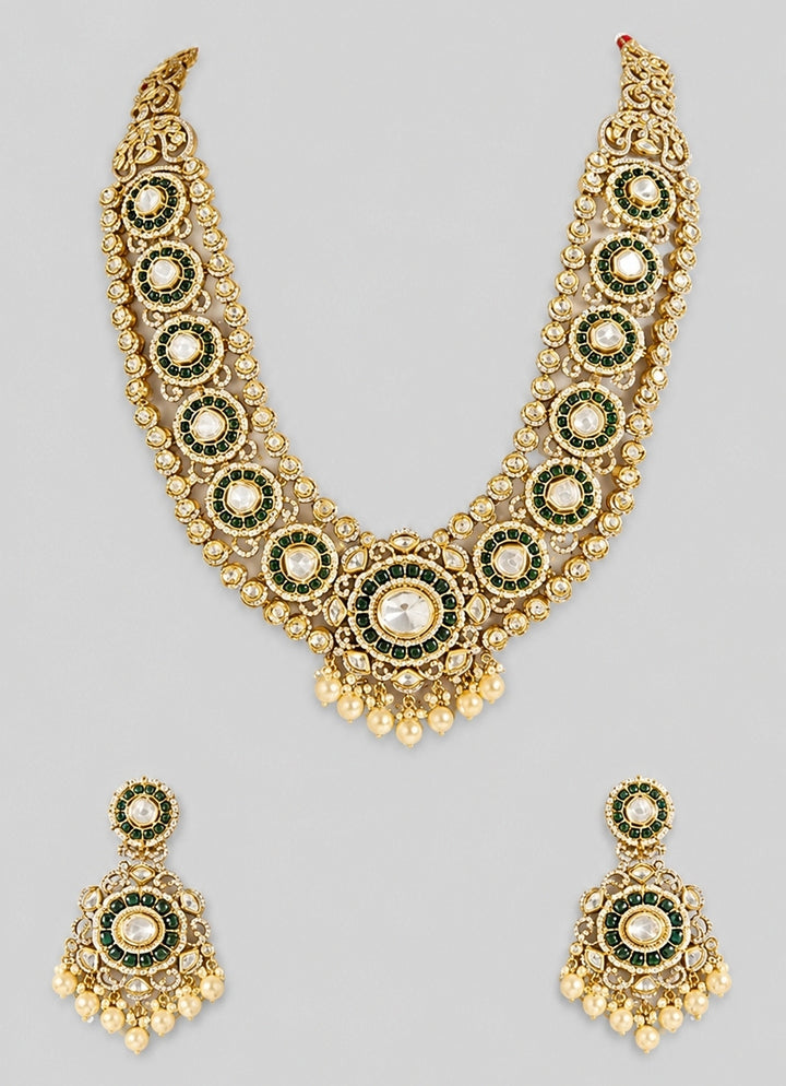 Green Pearl And Polki Long Necklace Set