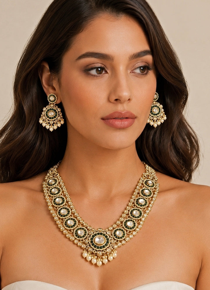 Green Pearl And Polki Long Necklace Set