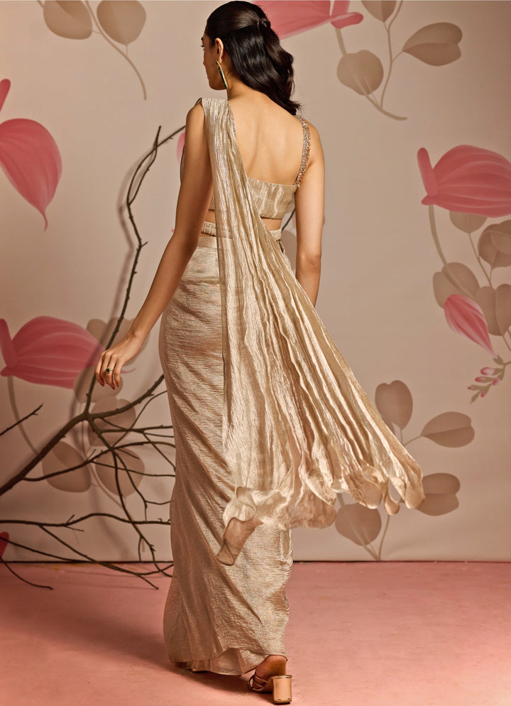 Gold Tissue Predraped Saree Set