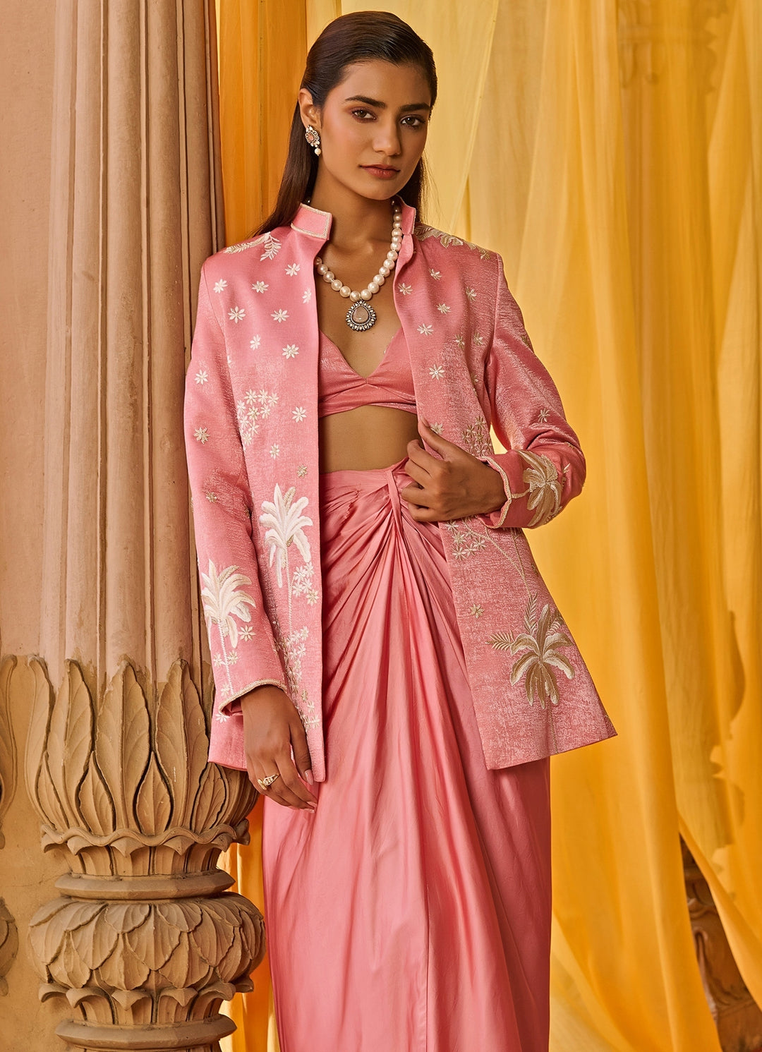 Pink Embroidered Satin Skirt Set With Jacket