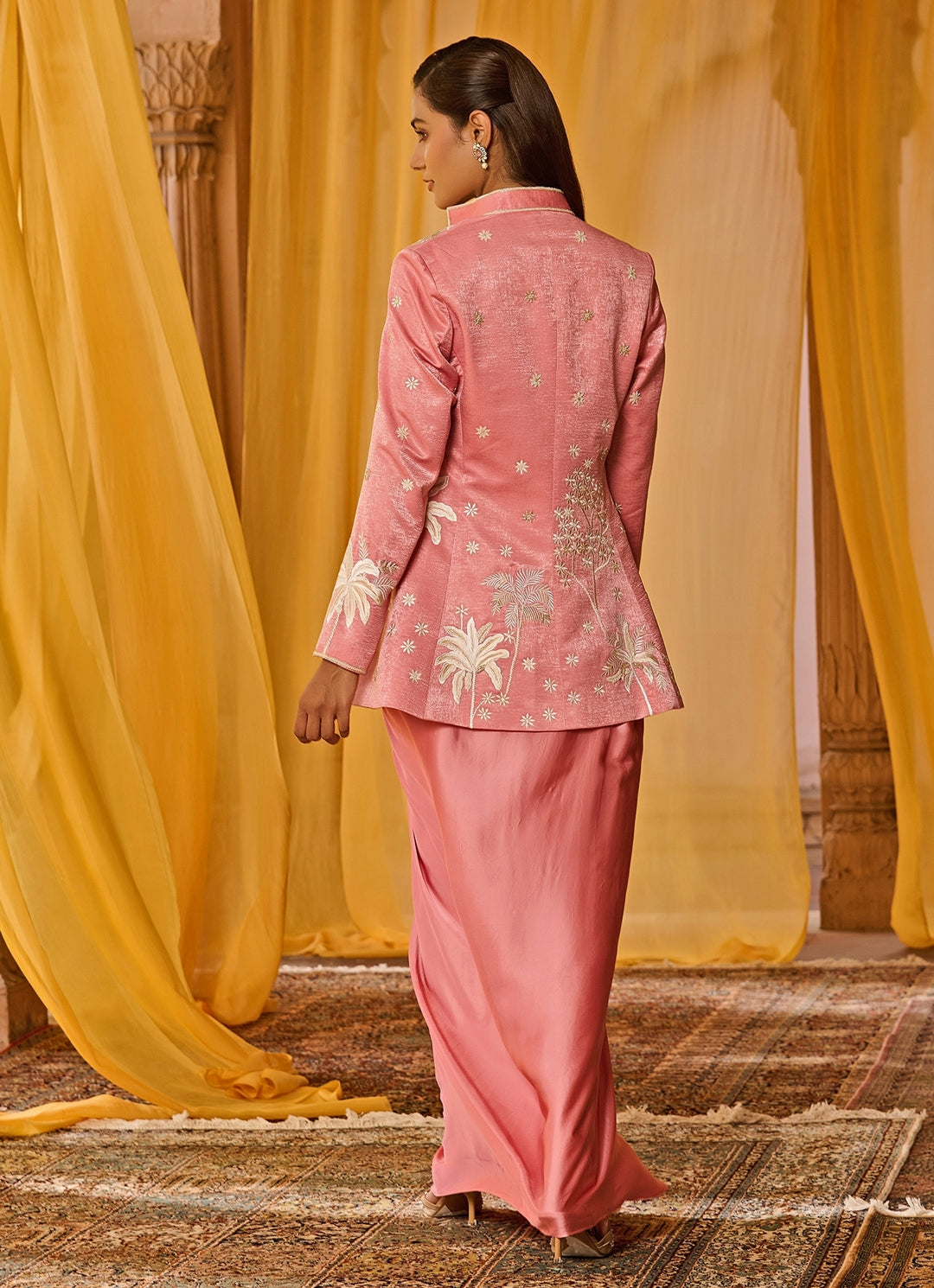 Pink Embroidered Satin Skirt Set With Jacket