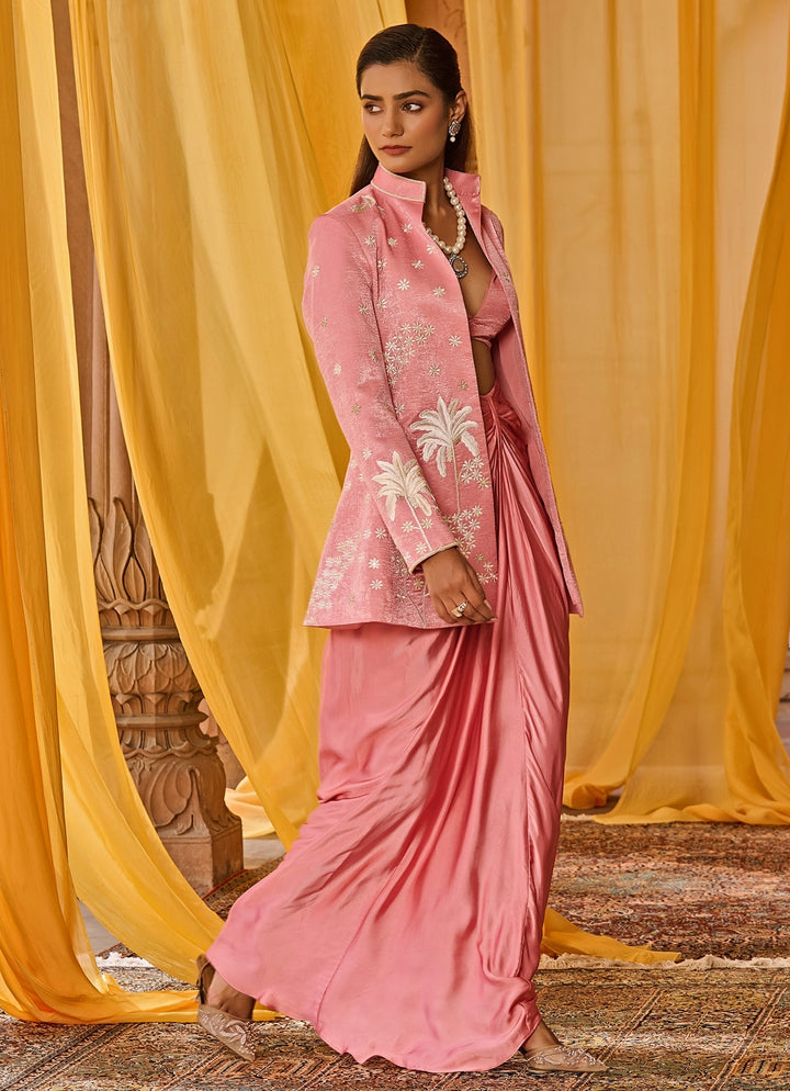Pink Embroidered Satin Skirt Set With Jacket