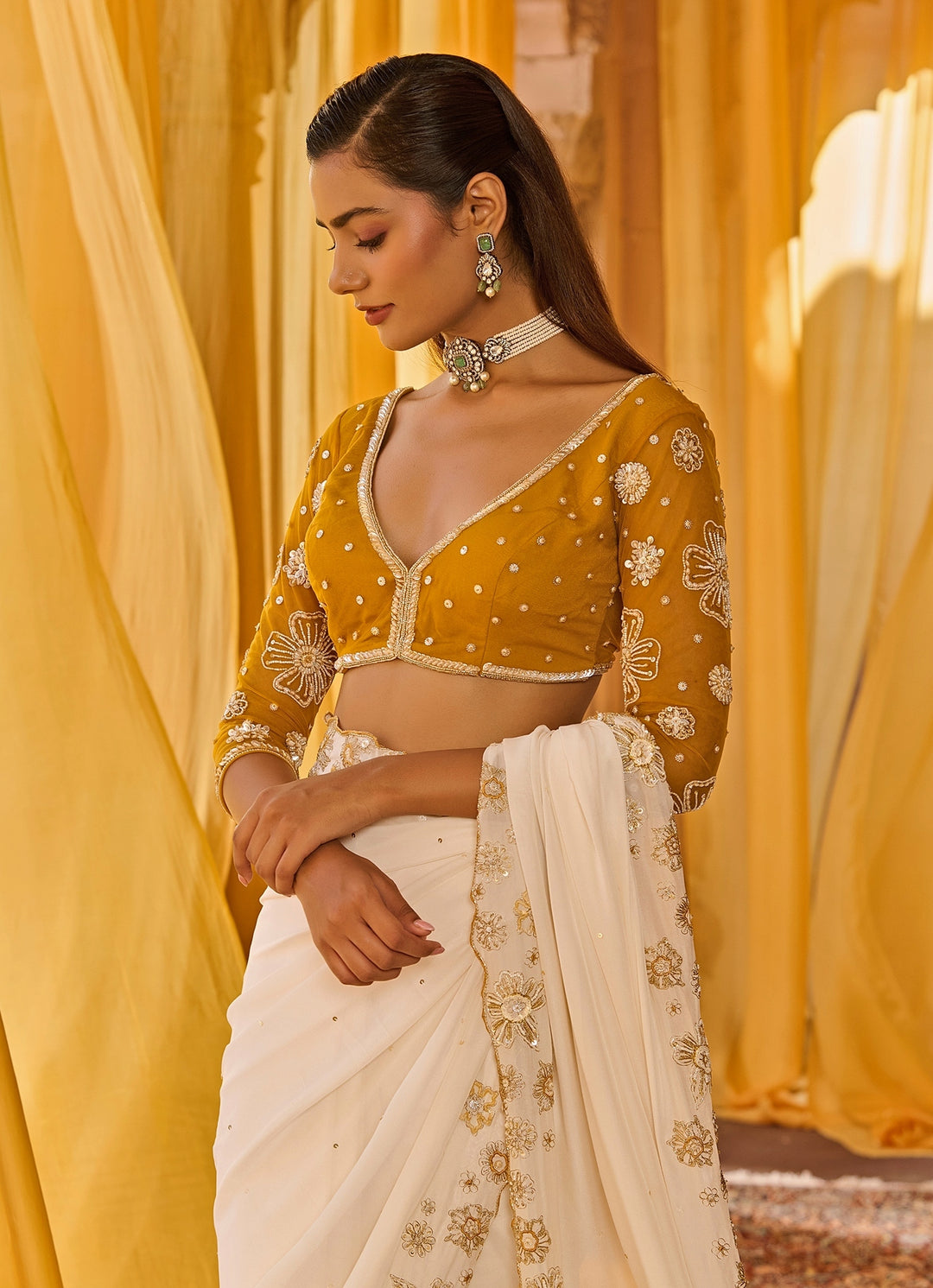 Off White Embroidered Chiffon Saree Set