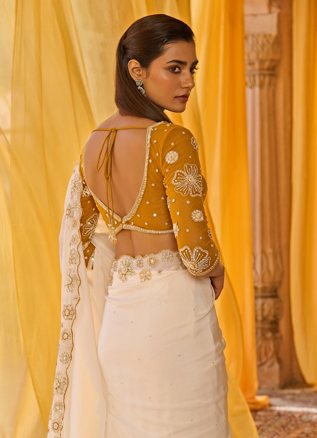 Off White Embroidered Chiffon Saree Set