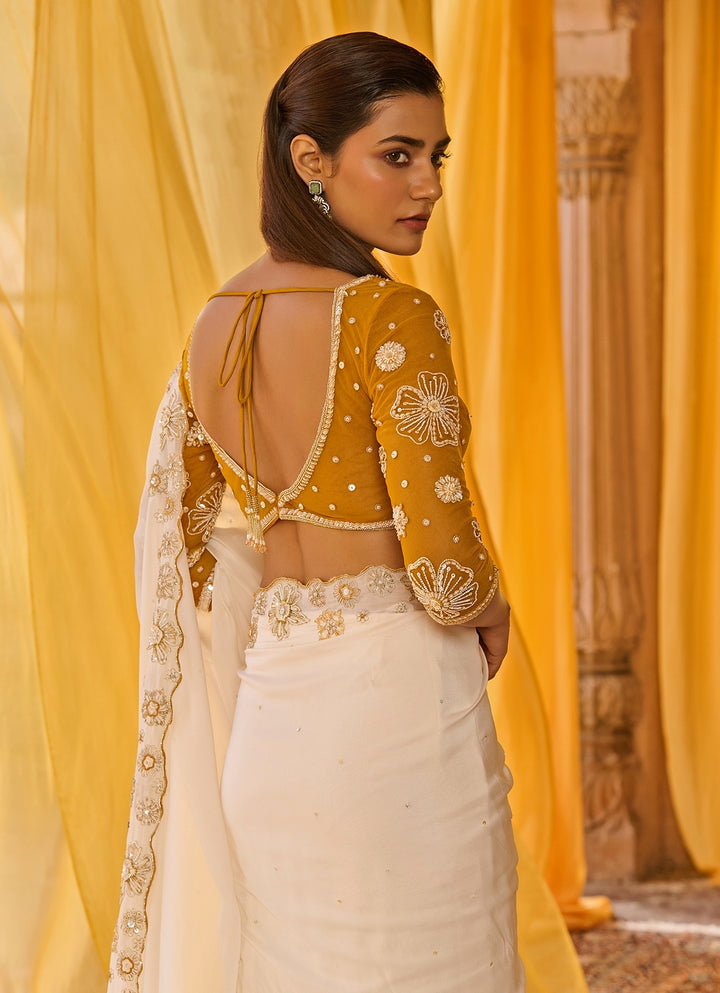 Off White Embroidered Chiffon Saree Set