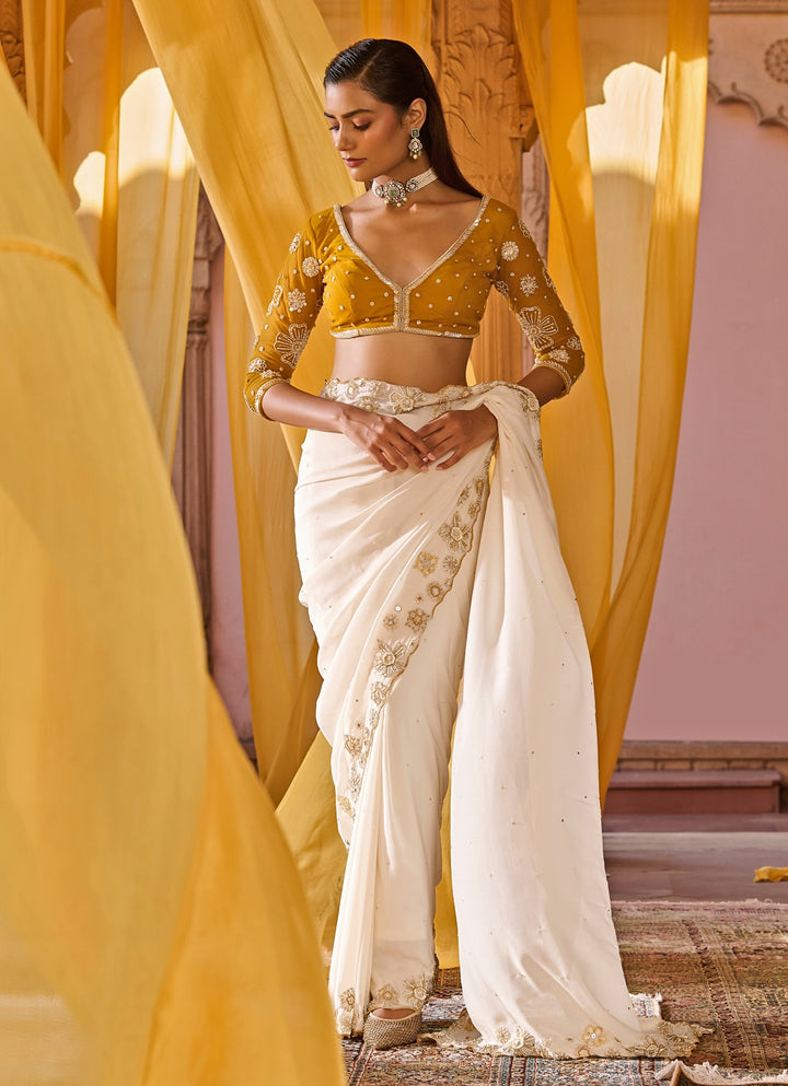Off White Embroidered Chiffon Saree Set