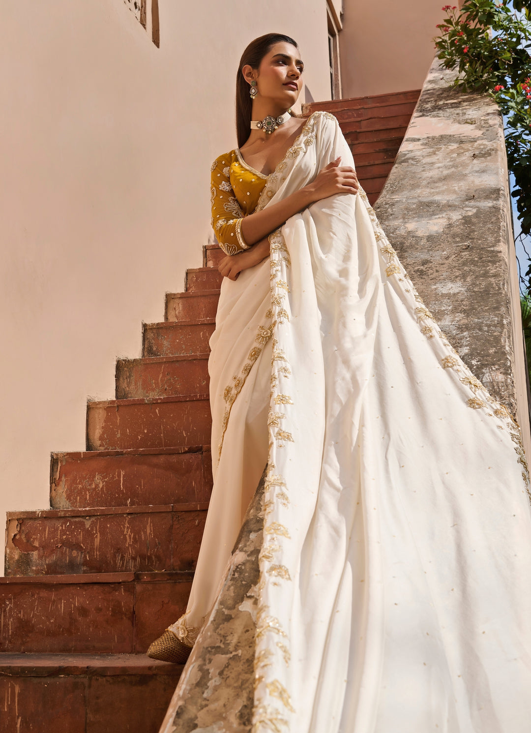 Off White Embroidered Chiffon Saree Set