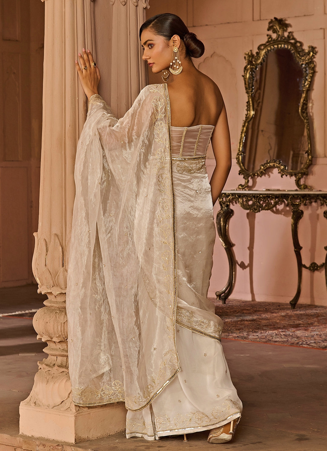 White Embroidered Pre-Draped  Saree with Corset Blouse